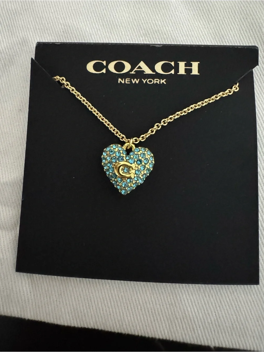 COACH Gold-Tone Necklace with Aqua Crystal Heart Pendant